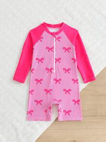 SHEIN Conjunto de body y shorts de baño con estampado de rayas y mariposas para bebé niña - Rojo - Ver 5