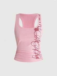 ROMWE Grunge Punk 2pcs/Set Punk Cross Slogan Crop Top & Super Low-Rise Mini Shorts, Music Festival Outfit - Baby Pink - View 5