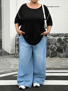 SHEIN CURVE+ 女士加大码圆领罗纹休闲日常短袖T恤，夏季上衣 - 黑色 - 查看 5