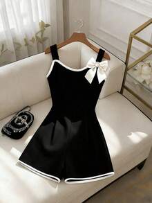 Franclia Bộ jumpsuit nữ tối giản với điểm nhấn tương phản và nơ trang trí, thích hợp cho mùa hè. - màu đen - Xem 7