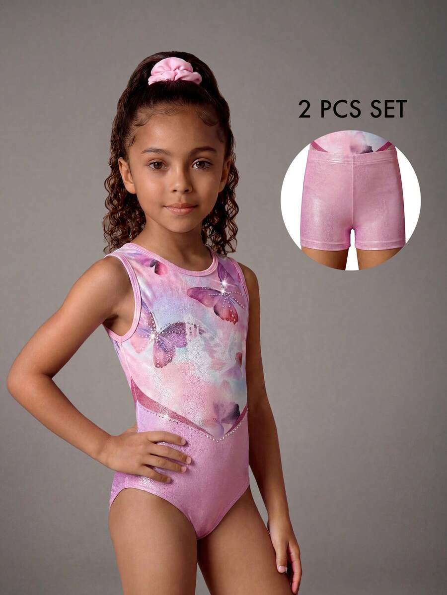 SHEIN 2pcs/Set Girls' Gymnastics Leotard And Shorts Set, Butterfly Print With Rhinestones, Suitable For Gymnastics Training, Competition, Casual Wear - Pink - View 1