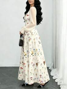 Modelyn Đầm maxi tay phồng cổ vuông họa tiết hoa nhí, thắt eo thanh lịch, thích hợp cho kỳ nghỉ hè và mặc hàng ngày, đầm maxi chiffon màu mơ nhạt họa tiết hoa. - Nhiều màu - Xem 5