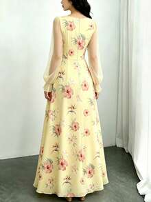 Modelyn 芙蓉花印花时尚方领灯笼袖连衣裙，夏季收腰连衣裙，浅黄色花卉图案长裙，适合夏季度假和日常穿着 - 彩色 - 查看 2