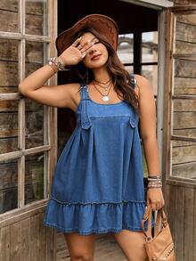 Breezaya Plus Size Women Adjustable Strap Casual Denim Dress, Spring/Summer - Blue - View 3
