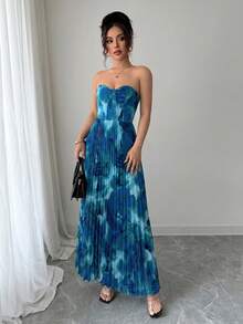 Elenzga Strapless Shirred Pleated Full Print Dress - Blue Power - View 4