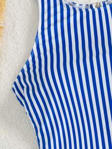 Swim SPRTY بدلة سباحة رياضية للنساء بياقة مستديرة بدون أكمام وظهر مكشوف، بتصميم مخطط لموسم الصيف الجديد - متعدد الألوان - مشاهدة 7