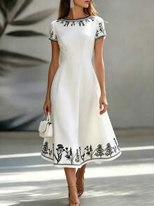 EMERY ROSE Spring & Summer Casual Waist Cinched A-Line White Printed Dress For Women - White - View 1
