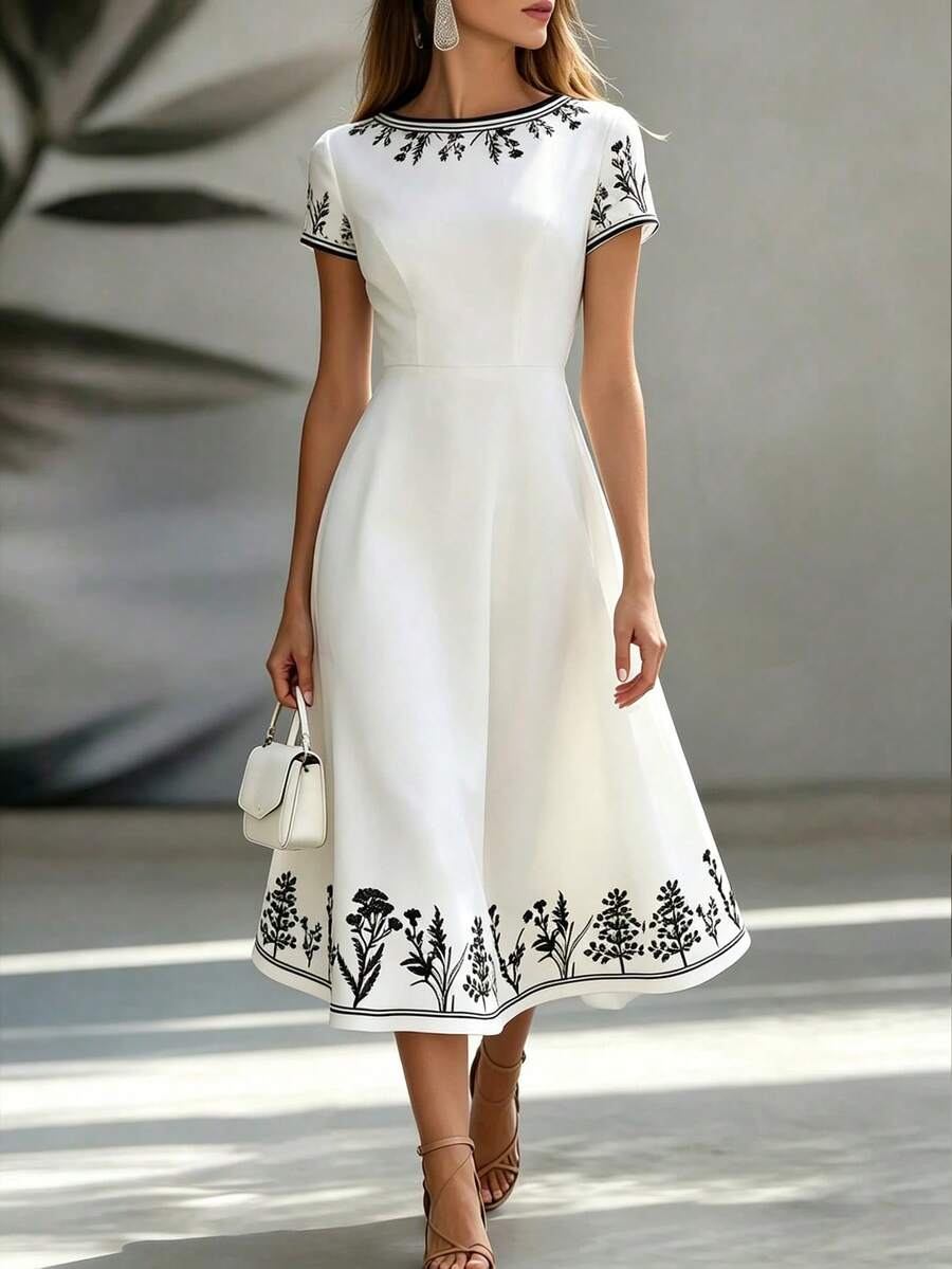 EMERY ROSE Spring & Summer Casual Waist Cinched A-Line White Printed Dress For Women - White - View 1