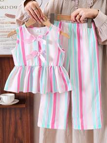 SHEIN Elladie kids 女童彩色条纹两件套，粉色蝴蝶结装饰无袖上衣+配套阔腿裤，面料柔软舒适，适合女孩日常、上学、度假、派对、海滩、夏季穿着 - 彩色 - 查看 4