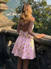 SHEIN MOD 女士印花露背扭结褶皱吊带迷你连衣裙 - 粉色 - 查看 3