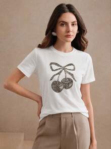 Anewsta Summer Casual Cute Leopard Print Cherry Graphic T-Shirt Everyday White Animal Print - White - View 5