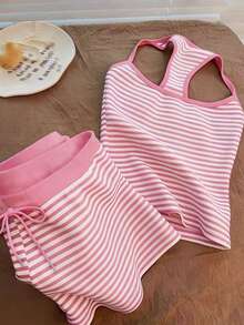 Franclia Plus Size Women Striped Halter Top And Shorts Casual 2 Pieces Set - Baby Pink - View 3