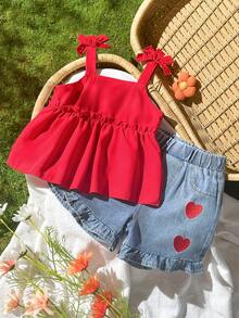 SHEIN Vintaside Kids 女婴夏季两件套，红色吊带背心搭配爱心刺绣牛仔短裤，适合户外玩耍、日常居家休闲、轻松运动、欢乐派对时光。 - 紅色 - 查看 3