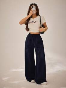 SHEIN PETITE Trang phục mùa hè dành cho nữ, thích hợp đi xem hòa nhạc, đi biển, phong cách boho cơ bản tối giản, quần trắng 100% cotton đã giặt, ống quần cong. - Màu xanh hải quân - Xem 3