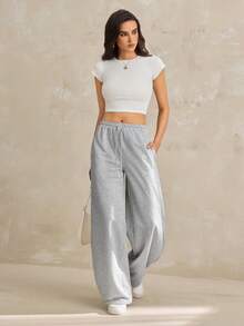 SHEIN Tall Summer Sport Casual Logo Pattern Baggy Sweatpants - Grey - View 1