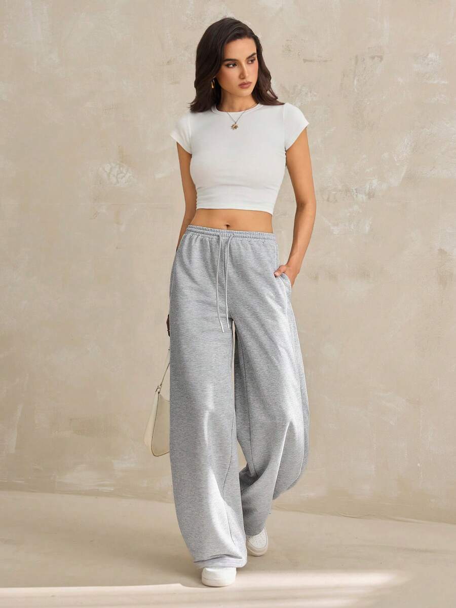 SHEIN Tall Summer Sport Casual Logo Pattern Baggy Sweatpants - Grey - View 1