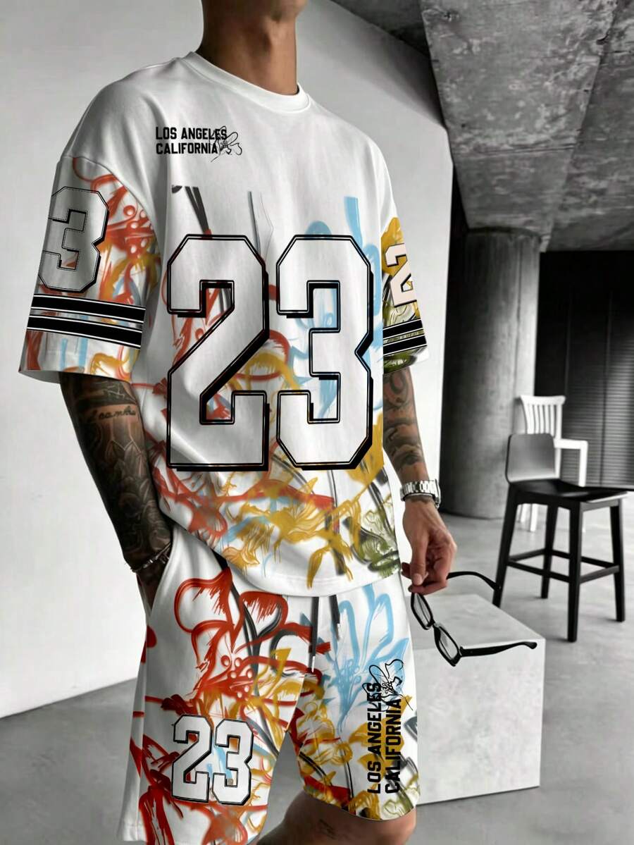 Lornexis Men's Retro Street Graffiti Number 23 Print T-Shirt And Shorts Set - Multicolor - View 1