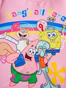 SpongeBob SquarePants | SHEIN Áo thun ngắn tay in chữ hoạt hình ngộ nghĩnh dành cho bé gái, thích hợp mặc đi nghỉ mát và đi làm, mùa hè. - Hồng - Xem 5