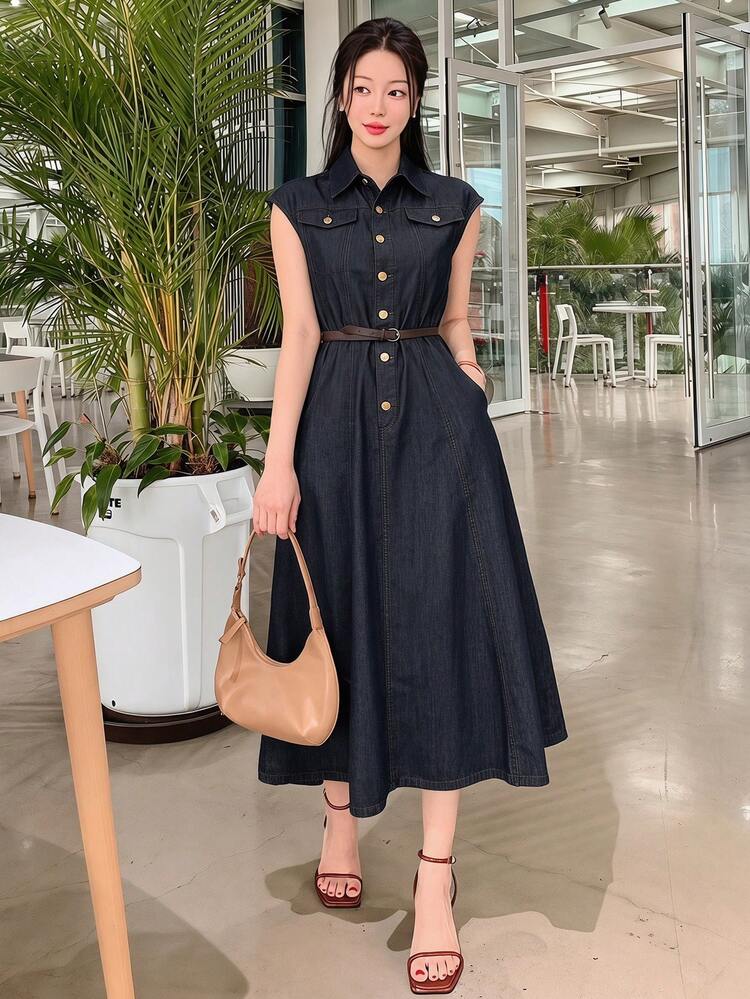Washed Sleeveless Button-Up Denim Dress For Women