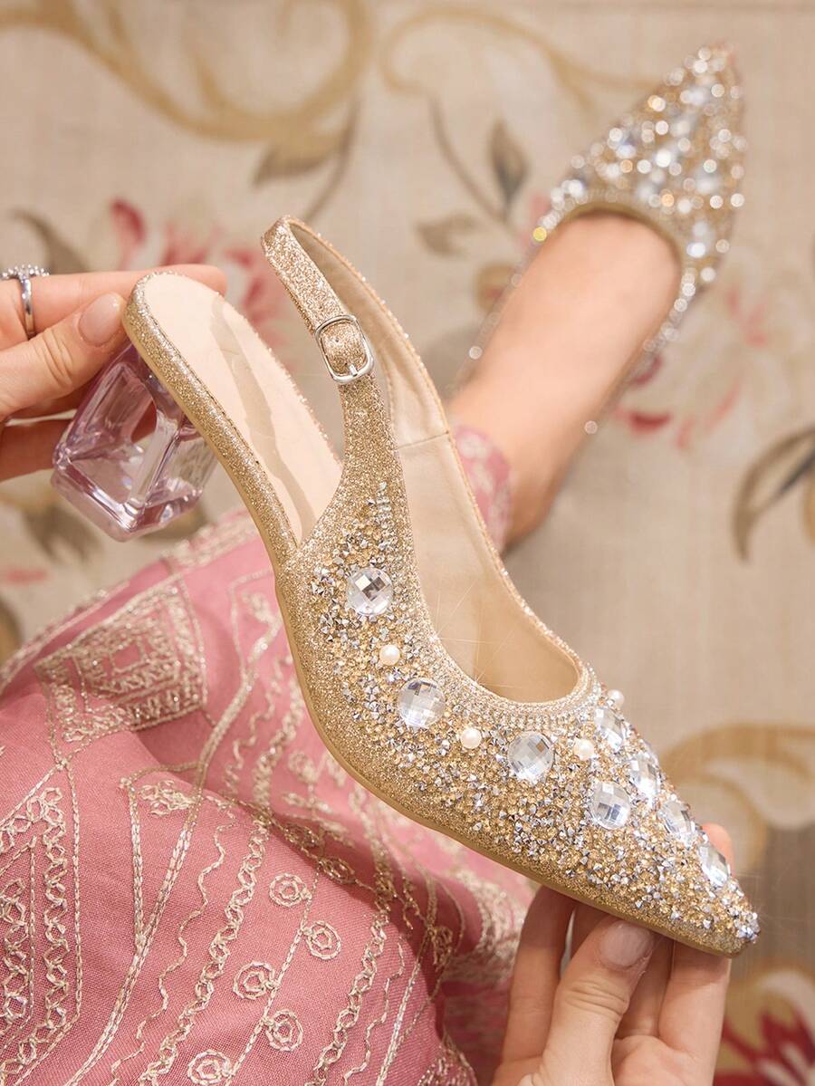 CUCCOO TILAWA Women's Crystal And Glass Rhinestone Pointed Champagne High-Heeled Shoes, Suitable For Going Out, Banquets, Parties And Other Activities - Champagne - View 1