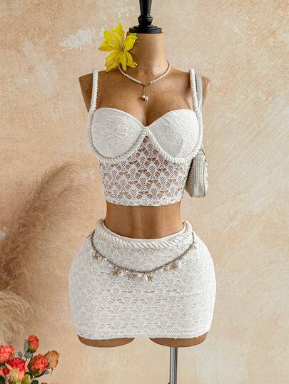 Soleia Women's Hollow Design Camisole And Bodycon Mini Skirt Sexy 2 Pieces Set