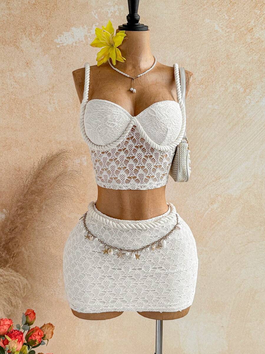 Soleia Women's Hollow Design Camisole And Bodycon Mini Skirt Sexy 2 Pieces Set - White - View 1