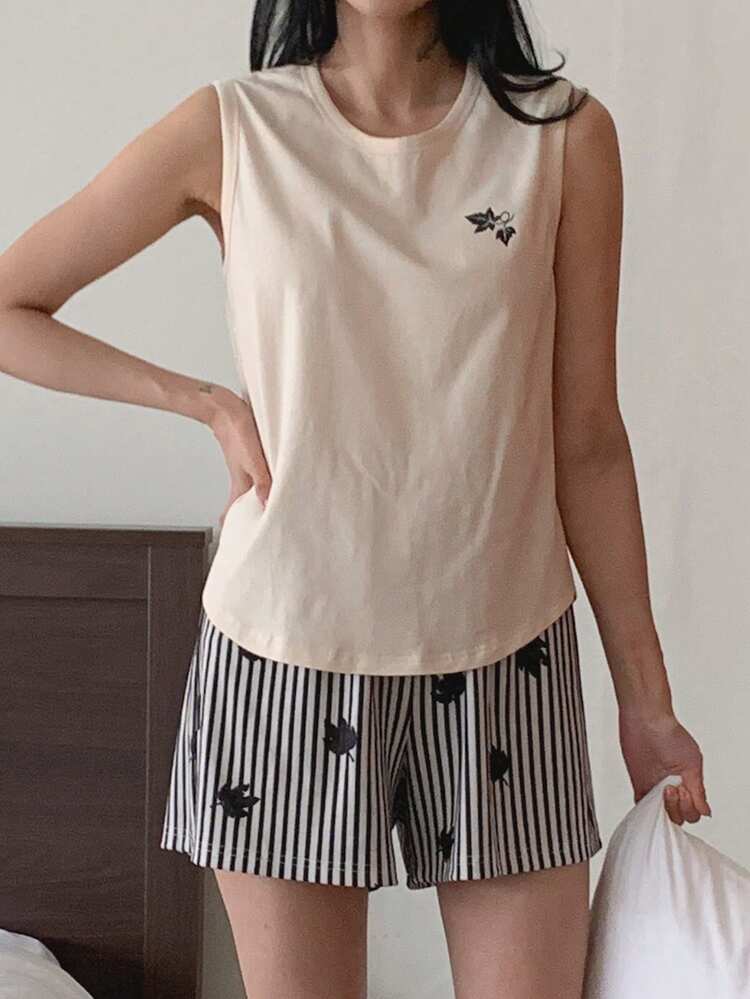 Women's Plant Print Round Neck Camisole And Striped Shorts Pajama Set Summer