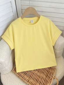 SHEIN Áo thun tay ngắn raglan cổ tròn, tay dài, màu trơn, dáng rộng, thoải mái cho bé gái tuổi teen. - Màu vàng - Xem 6