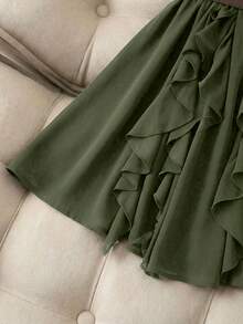 Franclia Elegant French Style Ruffle Asymmetrical Strap Cinched Waist Women Dress - Army Green - View 3