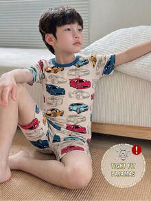 【随机3套，内含1套】2件套幼儿男童时尚赛车图案印花圆领弹力针织面料紧身休闲短袖T恤和短裤两件套，适合居家和户外穿着 - 彩色 - 查看 4