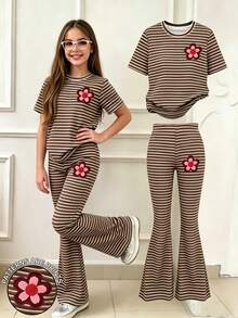 Teenage Girls'cute Brown Summer Back-To-School Holiday Stripe Short Sleeve Round Neck T-Shirt & Floral Print Pants Set,Khaki Casual Daily Wear - Multicolor - View 1