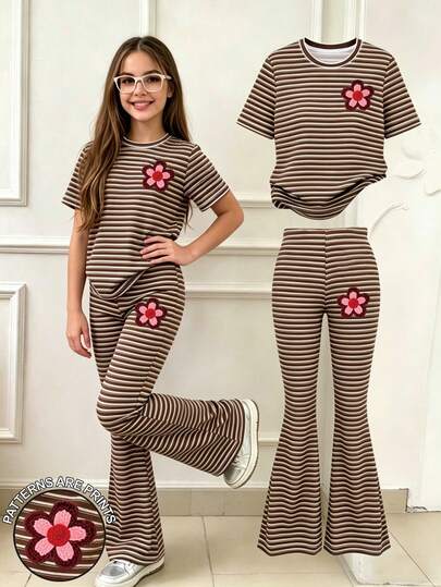 Teenage Girls' Coffee Striped Short Sleeve Top And Pants Set, Cute And Sweet, Floral Print, Coffee Stripe, Brown Stripe, Khaki, Coffee, Round Neck T-Shirt, Striped Pants, Suitable For Outings, Back To School Season, Casual Daily Wear
