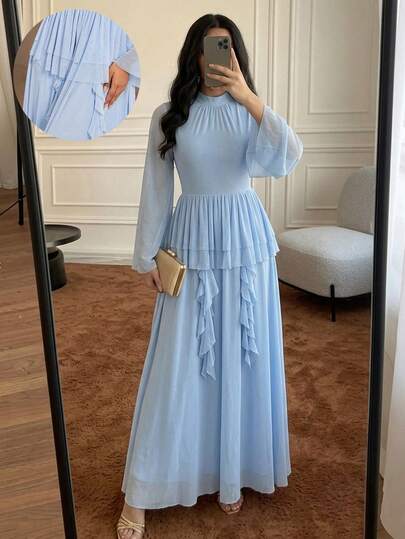Veilorie 女士纯色立领喇叭袖荷叶边下摆优雅阿拉伯风格连衣裙