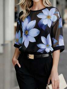 EMERY ROSE Women's Floral Print Round Neck Casual Versatile Daily Wear Shirt - Blue - View 4