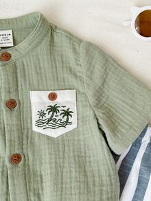 SHEIN 2pcs Unisex Baby Boy/Girl Casual Vacation Style Short Sleeve Shirt And Striped Shorts Set, Baby Boy Outfit Sets, Baby Boy Summer Clothes - Green - View 5