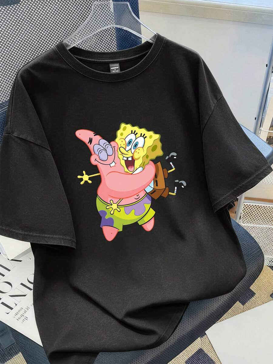 SpongeBob SquarePants | SHEIN Manfinity Joysei 男士休闲卡通印花短袖T恤，夏季 - 黑色 - 查看 1