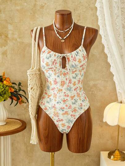 Swim Mod Women's Swimwear Set, Floral Print, Ruched Tie-Front, Hollow-Out Design, 2-Piece, Summer Holiday Beach