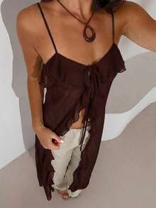 Aloruh Women's Sexy Bohemian Style Solid White Sheer Extra Long Blouse, Women's Music Festival Top,Summer Top - Coffee Brown - View 6