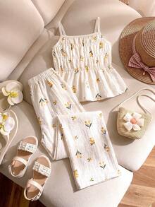 SHEIN Elladie kids Bộ 2 món dễ thương cho bé gái: áo hai dây và quần ống rộng, họa tiết hoa vàng, trang phục đi biển thường ngày. - Màu vàng - Xem 7