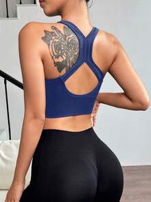Easithlete Easithlete Bra Olahraga Wanita Warna Polos dengan Lipit dan Resleting di Bagian Depan - Navy Blue - View 2