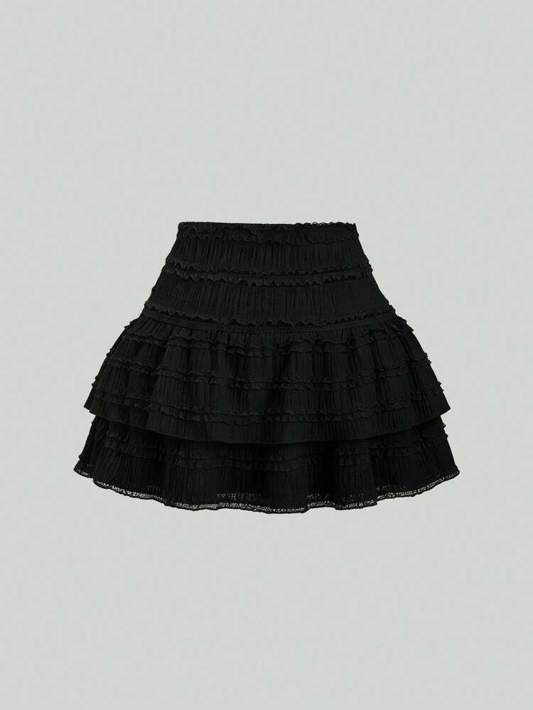 Sweetra Solid Color Ruffle Trim Double Layered Hem Skirt, Casual