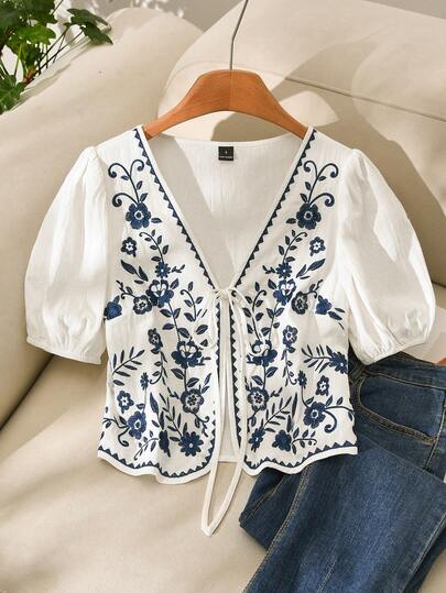 CosyJoli Women's Casual Vacation Embroidered Blouse, Blue & White Short Sleeve Shirt With Tie Bow