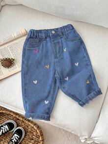 SHEIN LMoss Kids Quần jean denim dáng rộng cho bé gái, có thêu hình trái tim và túi quần. - Rửa trung bình - Xem 6