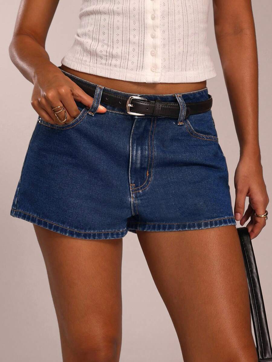 Avantive Women's Summer Basic Dark Blue Washed Denim Shorts/Decorated Leather Label/Summer Denim Shorts/Cute/Outing/Vacation/Office Wear - Dark Wash - View 1