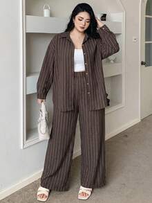 Dazy Plus 西部风沙滩度假纯色仿牛仔亚麻宽松休闲加大码女式两件套，春秋季 - 咖啡棕 - 查看 5