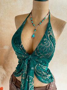 Soleia Women's Vacation Cashew Print Knot Front Halter Neck Camisole - Multicolor - View 3
