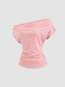 Sweetra Camiseta de mujer de estilo casual de vacaciones, con diseño asimétrico de hombro distintivo a rayas, de estilo puro, suave y dulce - Rosa - Ver 3