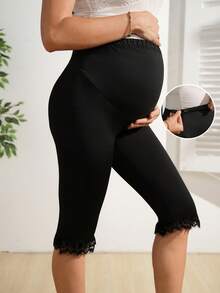 SHEIN Maternity Black Summer Casual Formal Going Home From Hospital Photoshoot Minimalist Solid Color Adjustable Waist Contrast Lace Skinny Cropped Leggings - Black - View 1