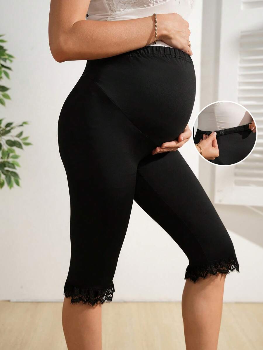SHEIN Maternity Black Summer Casual Formal Going Home From Hospital Photoshoot Minimalist Solid Color Adjustable Waist Contrast Lace Skinny Cropped Leggings - Black - View 1