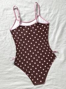 SHEIN Tween Girl Brown And Pink Polka Dot Print Contrast Color 1pc Swimsuit, Cute Fashionable Summer Beach Holiday Style For Spring/Summer - Multicolor - View 2